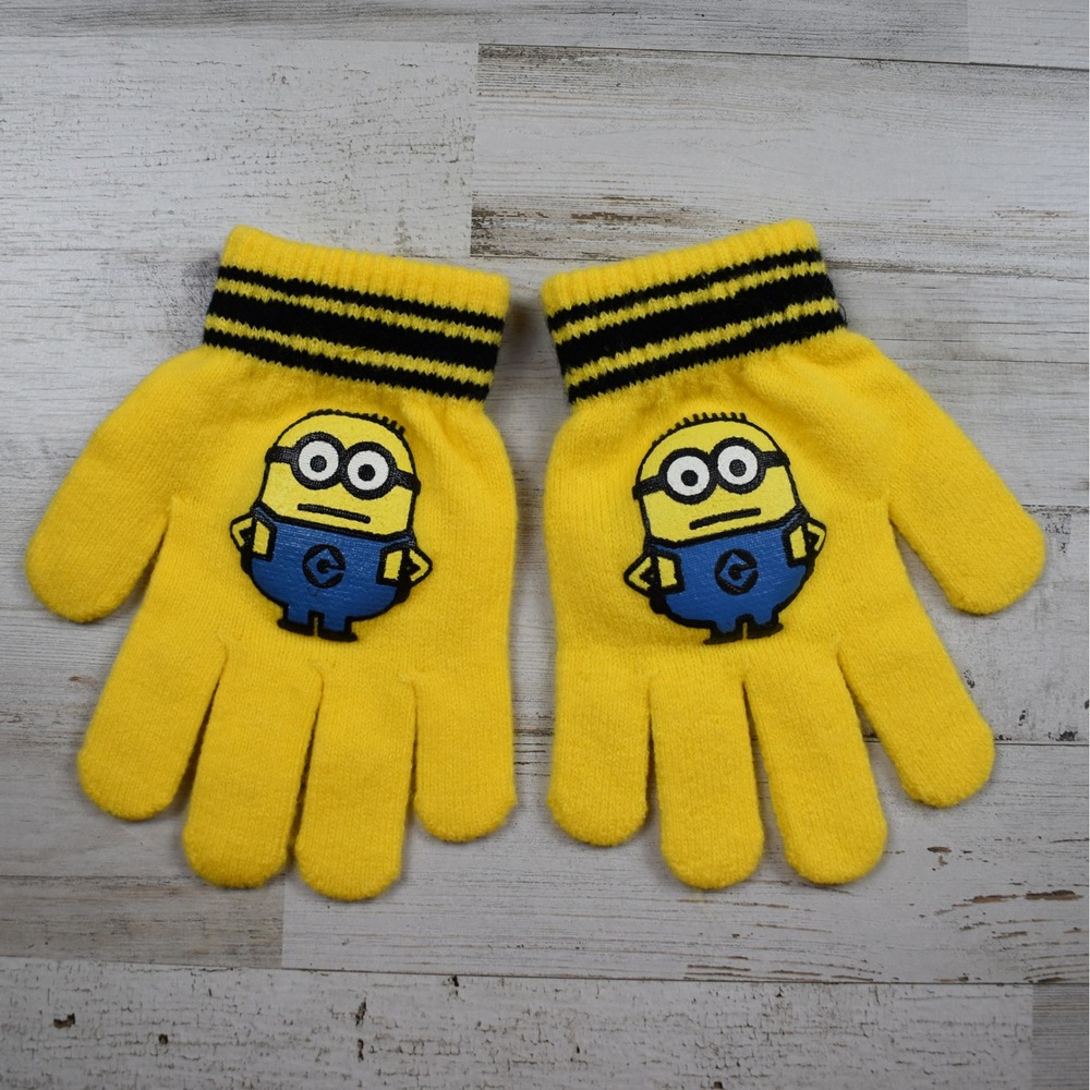 Minions Despicable Me Boys Girls Knit Gloves Yellow Winter Mittens Kids Gripper